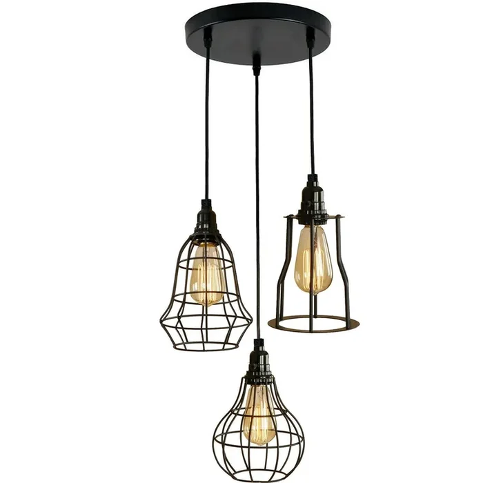 Modern Style 3 point pendant set ceiling light fixture bulb guard cage lights loft hanging set~1756
