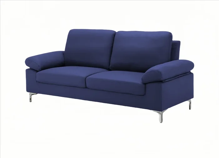 Modern Three Seater Sofa Blue Fabric with Chrome Feet – Comfortable Couch with Cushion for Living Room, Bedroom or Office