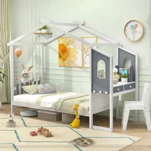 Montessori House Bed with Desk – 244x99cm | Educational Design with Integrated Study Space COSTWAY
