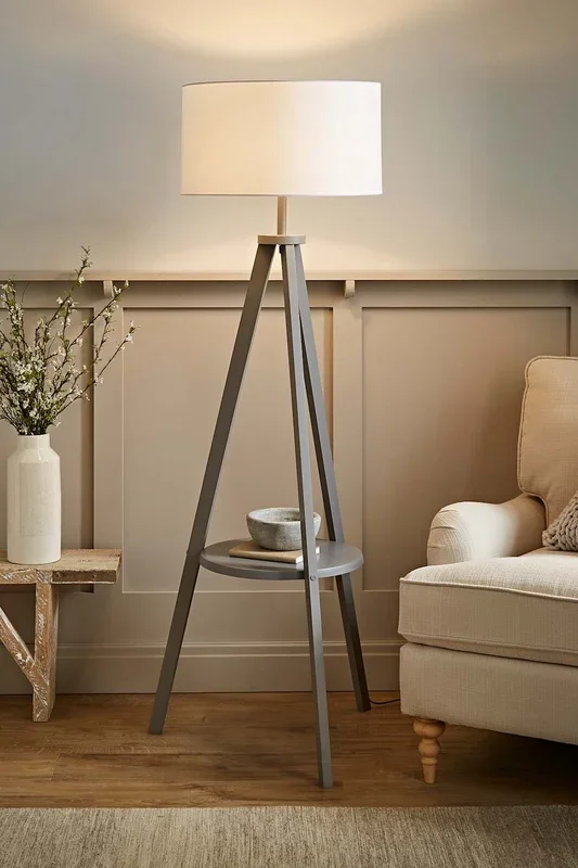 Morrigan Grey Wood Tripod Floor Lamp with Fabric Drum Lamp Shade
