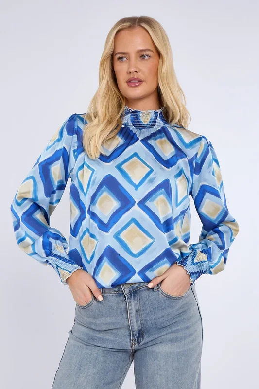 Mosaic Print Shirred Neck Satin Top