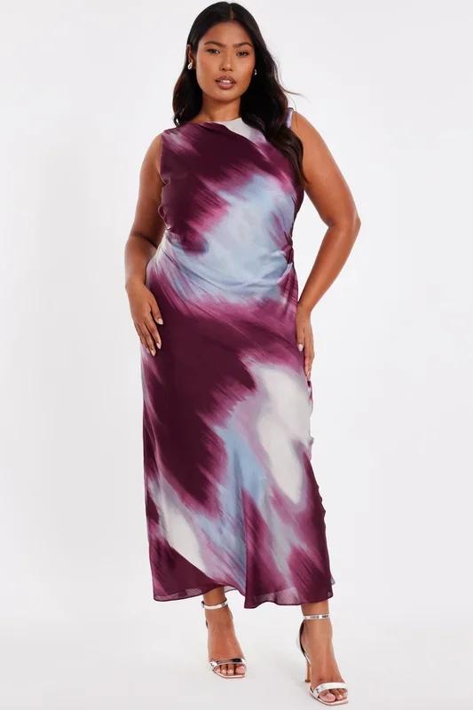 Multi Curve Printed Satin Midaxi Dress