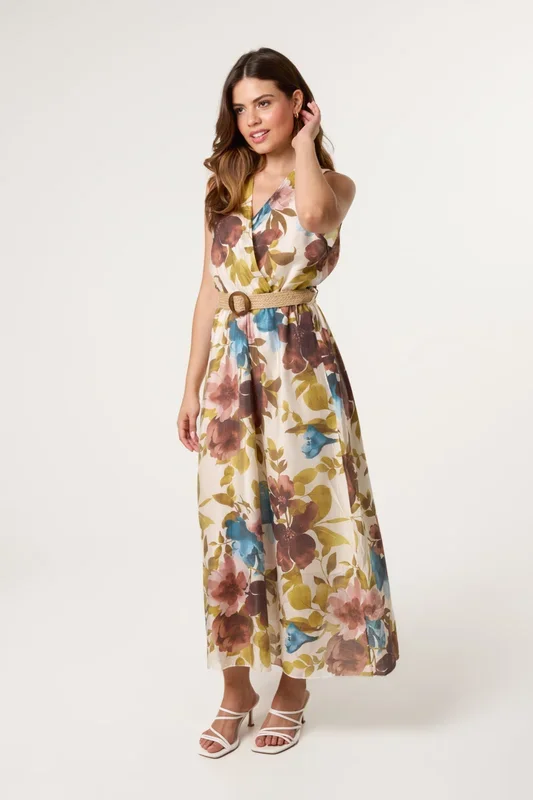 Multi Floral Wrap Belted Fine Silk Dress