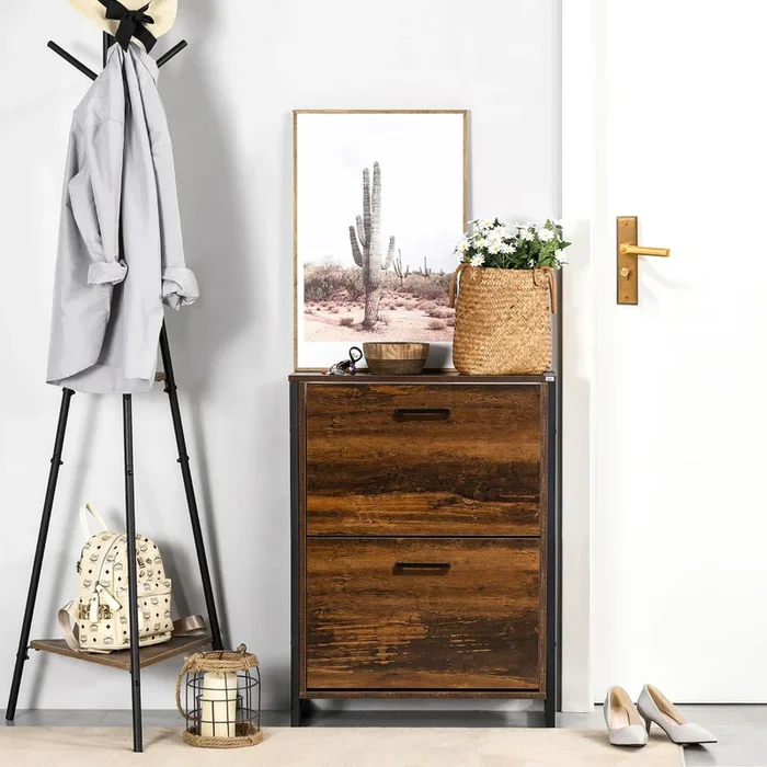 Narrow Shoe Cabinet with 2 Doors 2 Drawer Cupboard Divider