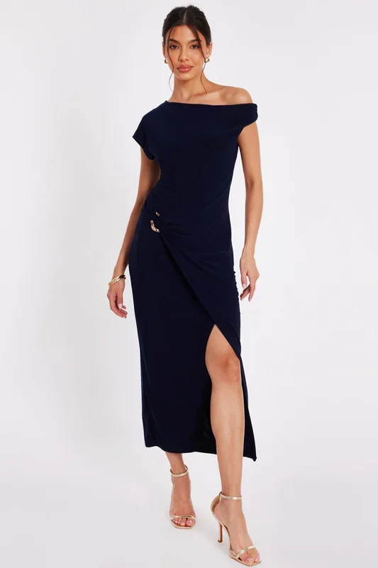 Navy Asymmetric Wrap Midaxi Dress