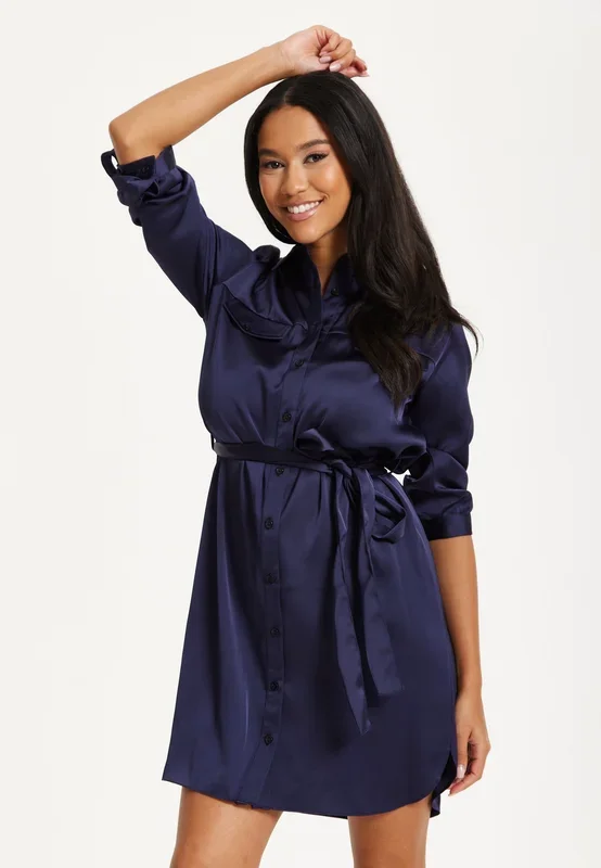 Navy Belted Shirt Mini Dress