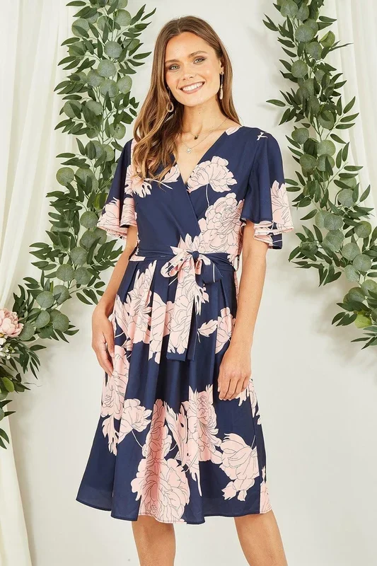 Navy Blossom Print Wrap Skater Dress