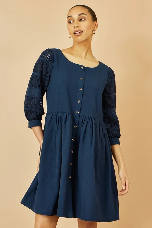 Navy Cotton Tunic With Broderie Anglaise Puff Sleeves