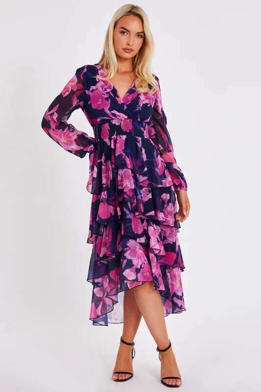 Navy Floral Dip Hem Midaxi Dress