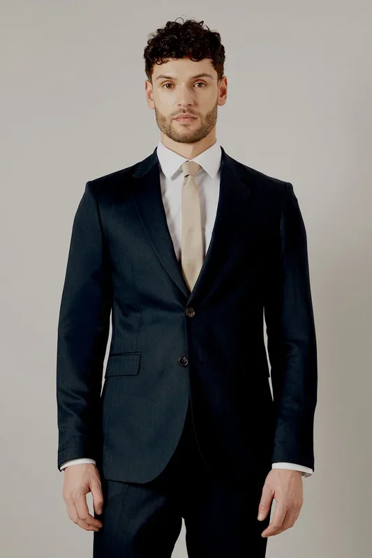 Navy Herringbone Tailored Fit Suit Jacket