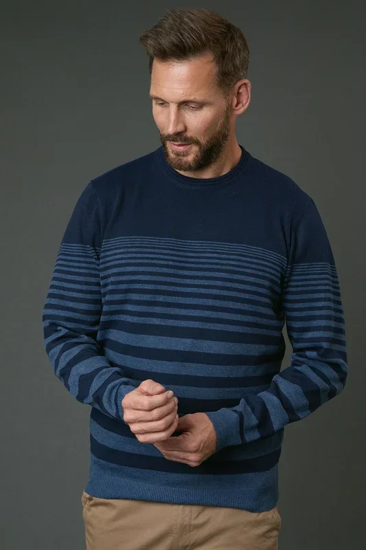 Navy Placement Stripe Crew Neck Knitted Jumper