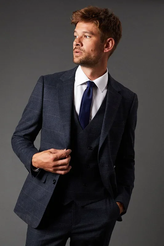 Navy Slim Fit Tweed Look Check Suit Jacket
