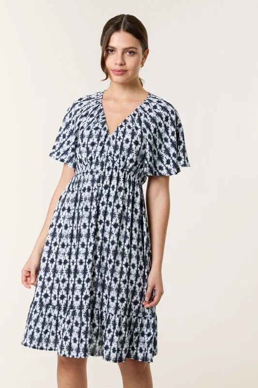 Navy V Neck Button Front Mini Dress