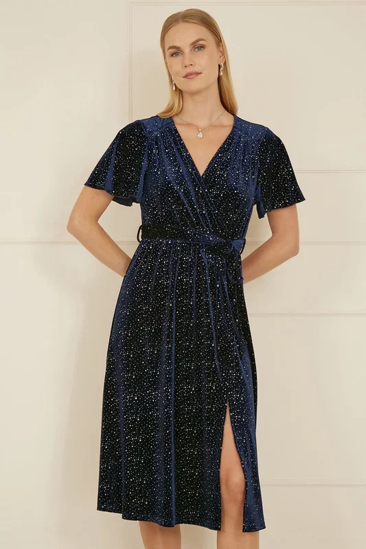 Navy Velvet Sparkle Wrap Midi Dress