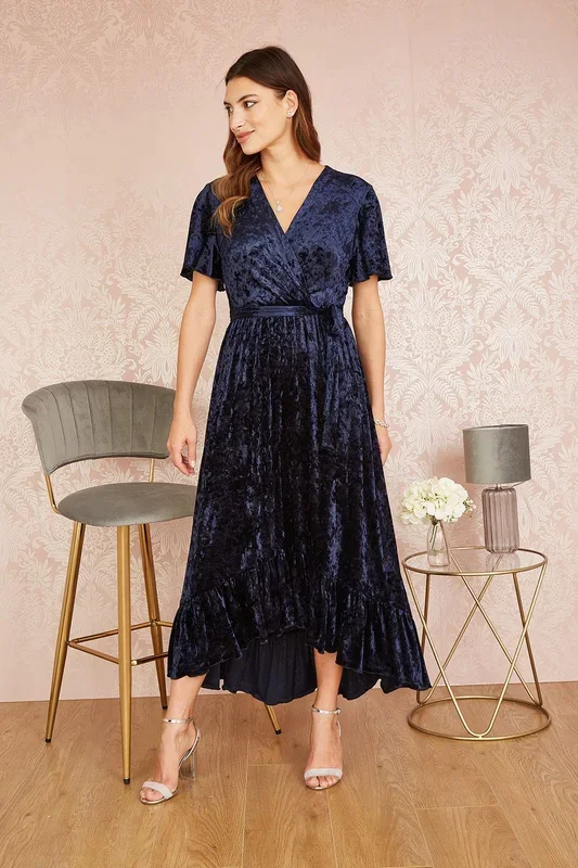 Navy Velvet Wrap Over Angel Sleeve Midi Dress