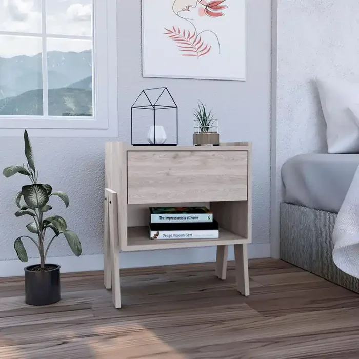 Nightstand Ferku, Open Shelf, One Drawer, Light Gray Finish