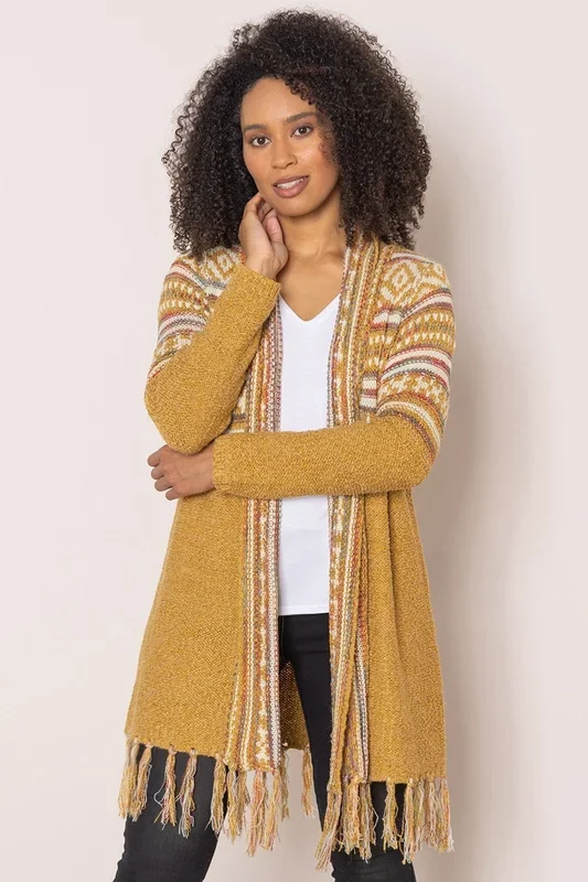 Nordic Print Open Front Tassel Cardigan
