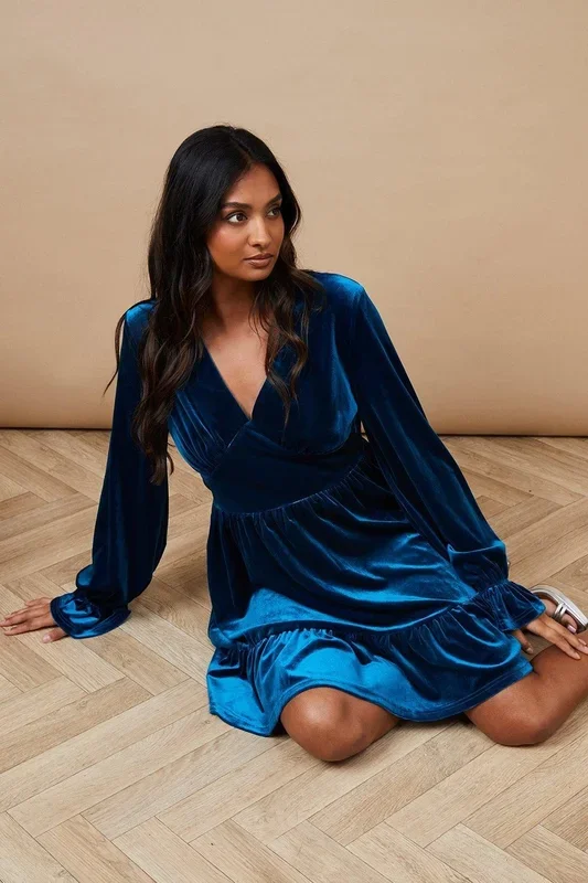 Occasion Velvet Ruffle Hem Mini Dress