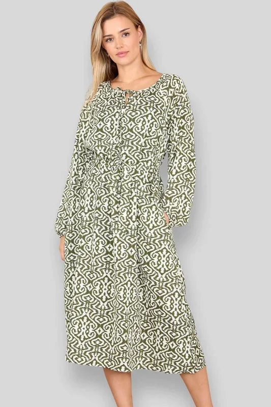 Olive Pattern Printed Belted Midi Dress