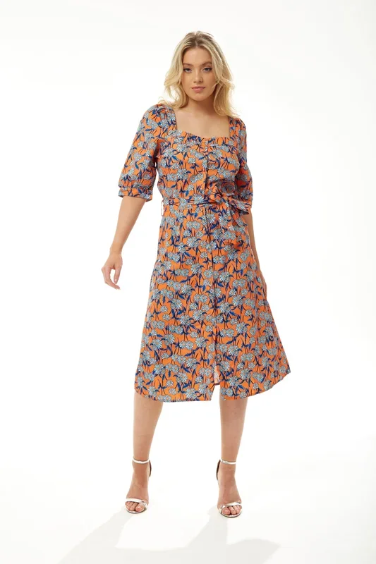 Orange Floral Midi Dress with Waist Tie