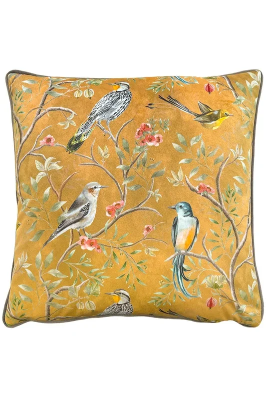 Orient Chinoiserie Birds Printed Piped Velvet Cushion