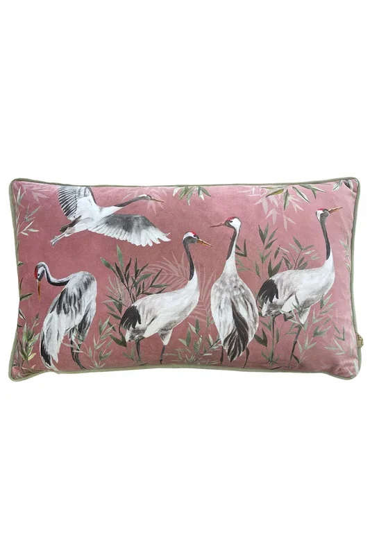 Orient Cranes Hand Painted Printed Piped Velvet Cushion
