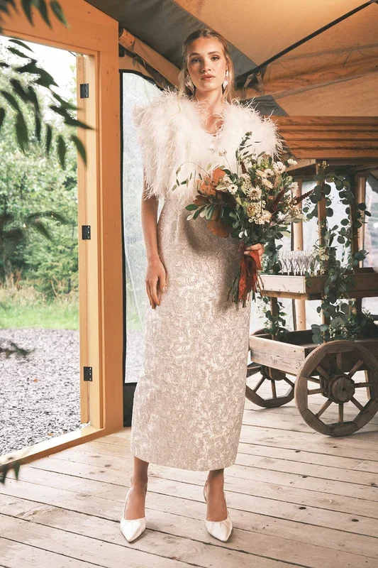Ornate Lace and Twill Column Maxi Wedding Dress