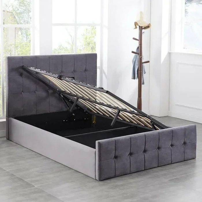 Ottoman Bed Gas Lift Storage Grey 4ft Small Double and 1 Mattress Cushioned Velvet Bedroom