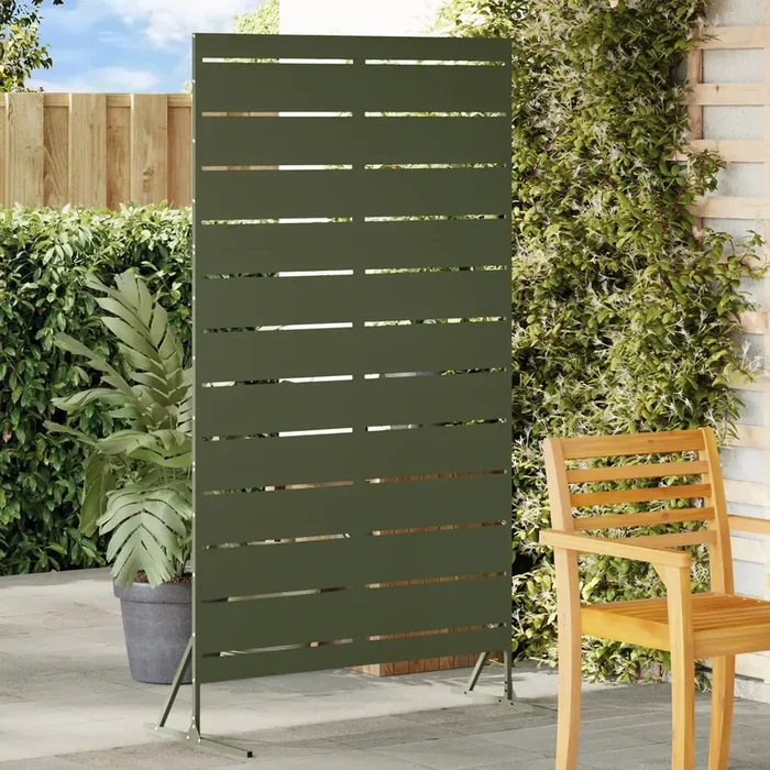 Outdoor Metal Fence Panel Olive | Powder-Coated Steel with Striped Pattern and Modern Design