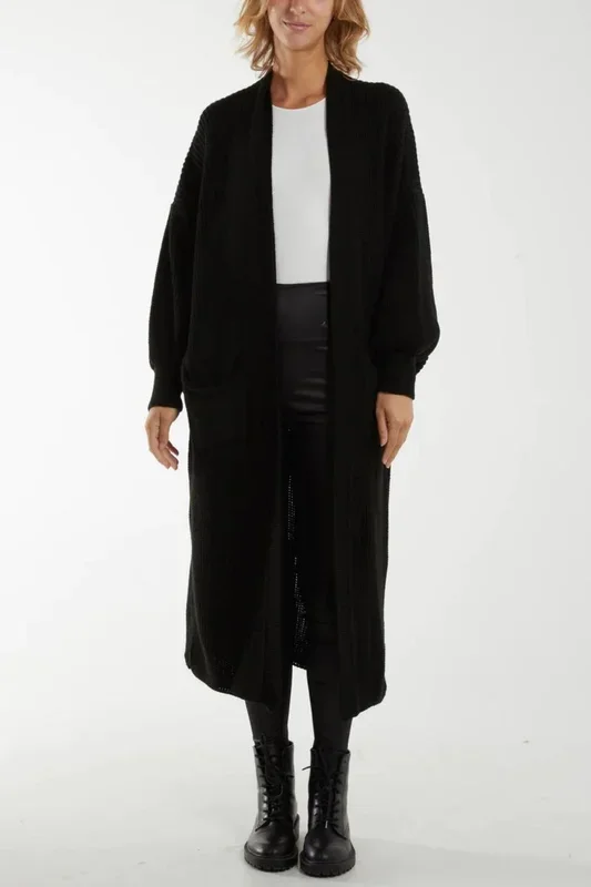 Oversized Long Sleeves Midi Knitted Cardigan with Pocket Details