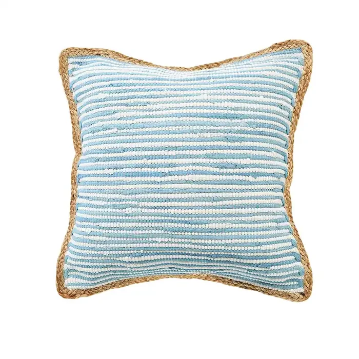 Ox Bay Hand-Woven Blue/White Bordered Cotton Blend Pillow Cover
