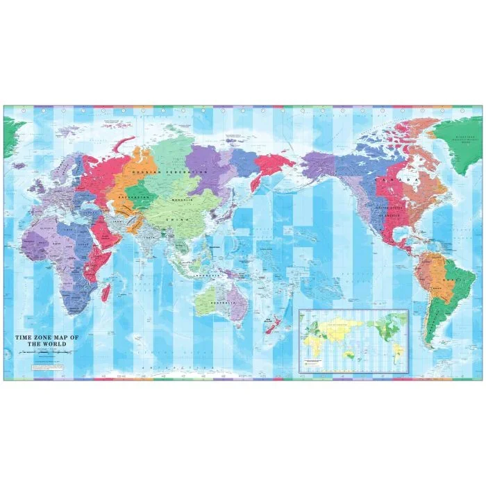 Pacific Centred Time Zone Wall Map of the World – Large Map