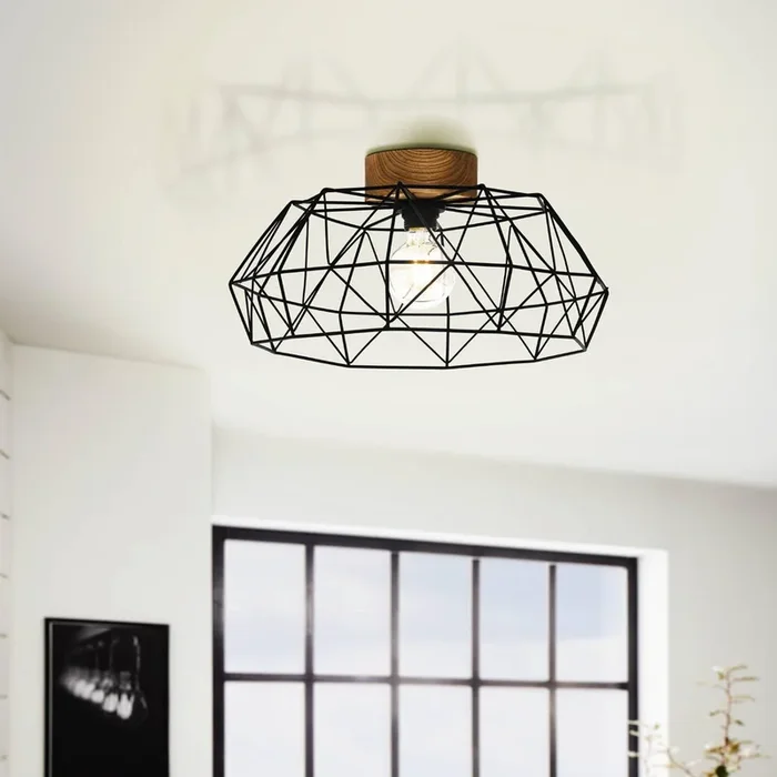 Padstow Black Metal and Natural Wood Ceiling Light (D) 45.5cm