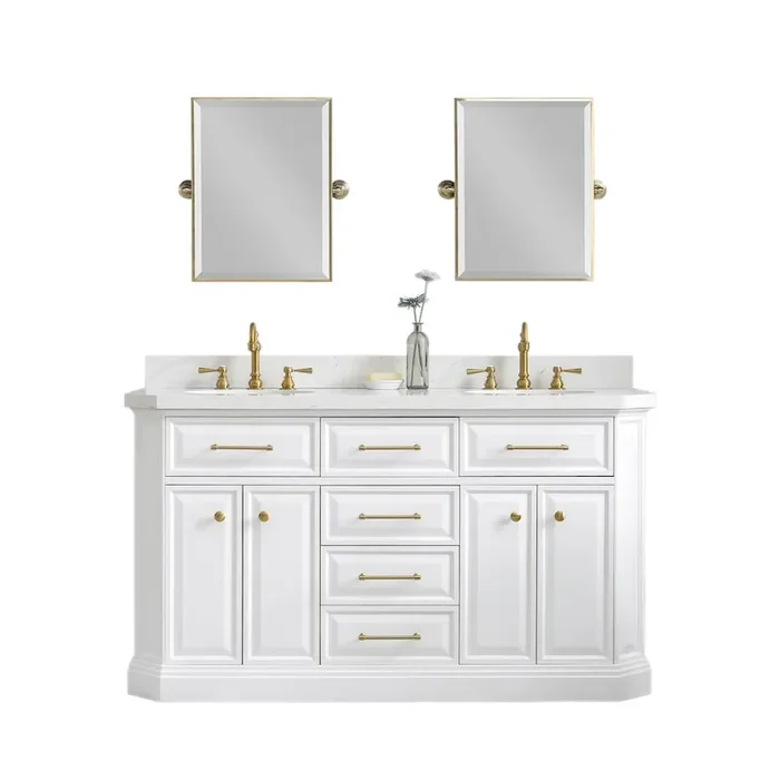 Palace 60 In. Double Sink Carrara Quartz Countertop Bath Vanity in Pure White