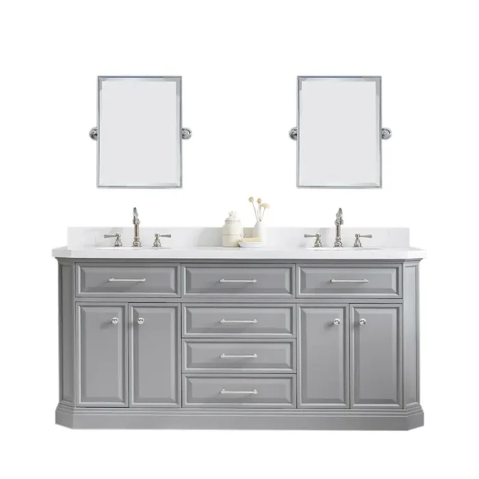 Palace 72 In. Double Sink Carrara Quartz Countertop Bath Vanity in Cashmere Grey