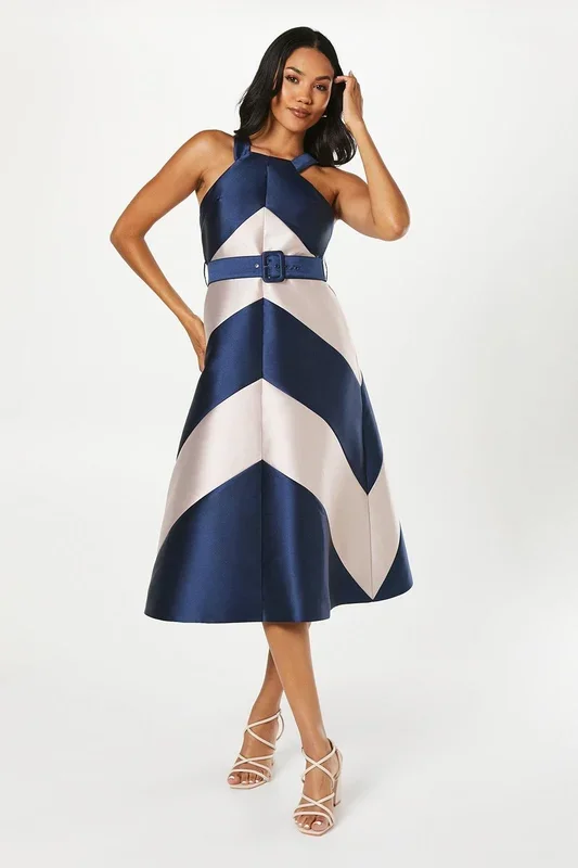 Panelled Colour Block Satin Twill Midi Wedding Guest Dress