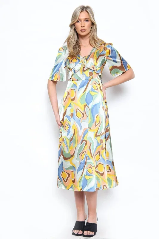 Pastel Printed Frilled Detail Midi Dress