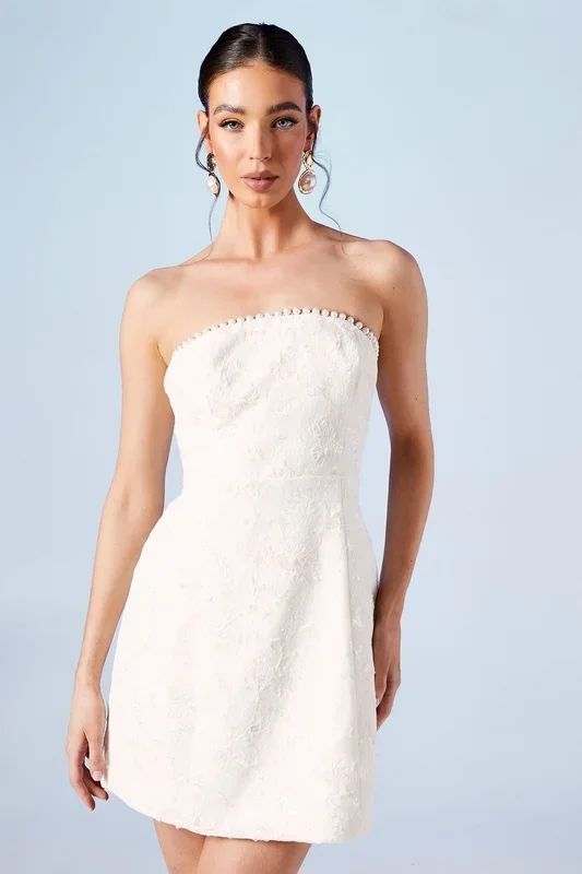 Pearl Detail Sequin Lace Bandeau Bridal Mini Dress