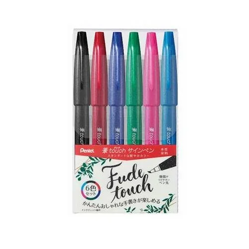 Pentel Writing Brush Touch Sign Pen 6 Colours Set