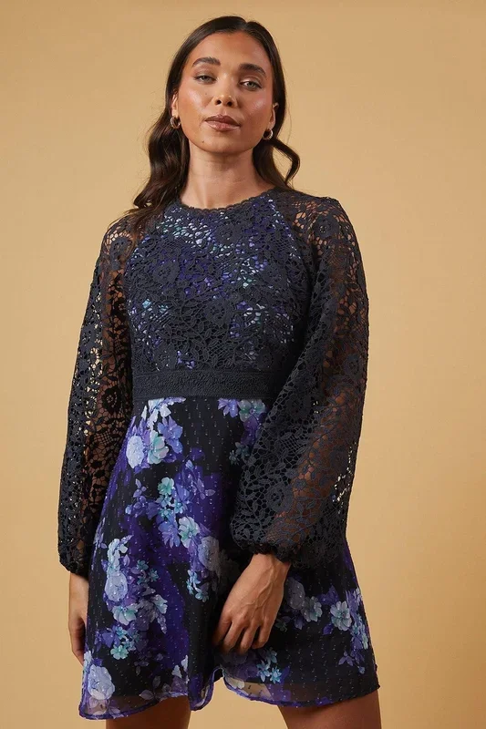 Petite Occasion Floral Lace Bodice Mini Dress