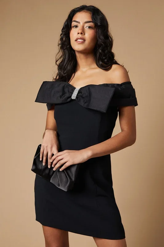 Petite Occasion Organza Bardot Bow Mini Dress