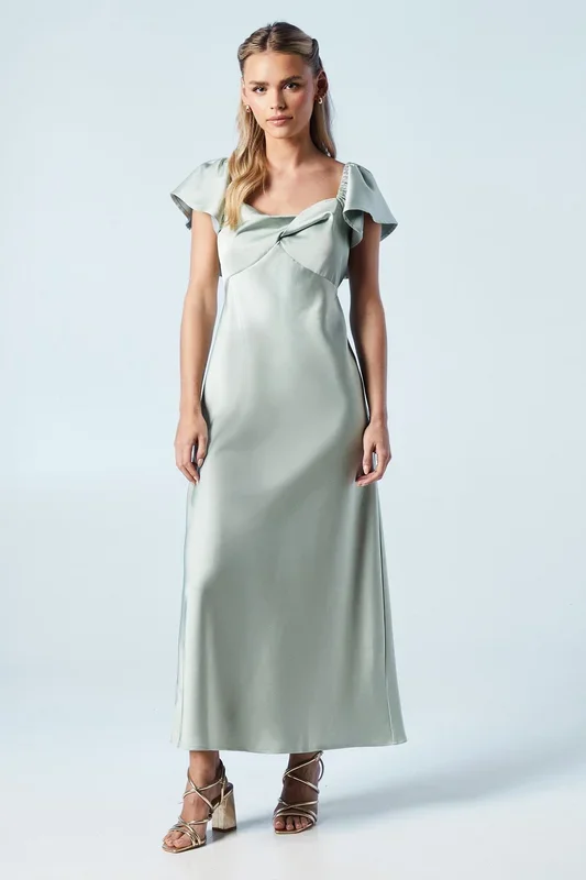 Petite Twist Front Angel Sleeve Midi Bridesmaid Dress