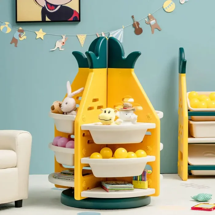Pineapple Toy Storage Organiser – 8 Bins, 4 Shelves and 360° Rotation | COSTWAY