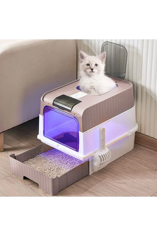 Pink Fully Enclosed Cat Litter Box with UV Sterilization