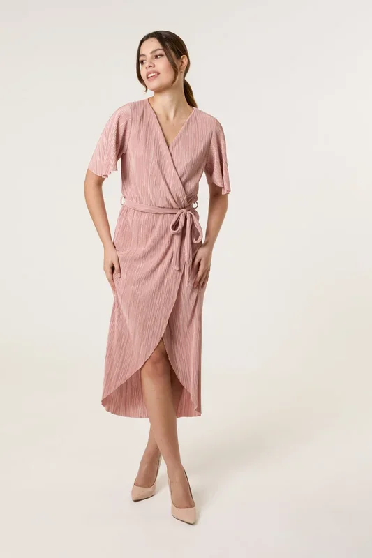 Pink Plisse Wrap Over Midi Dress
