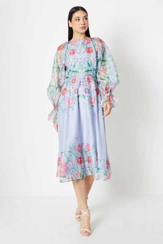Placement Print Cloudy Organza Midi Dress
