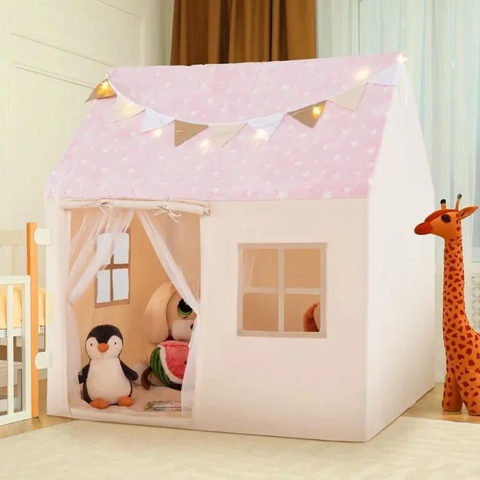 Play Tent with Glow-in-the-Dark Stars – Pink and Beige | Magical Atmosphere COSTWAY