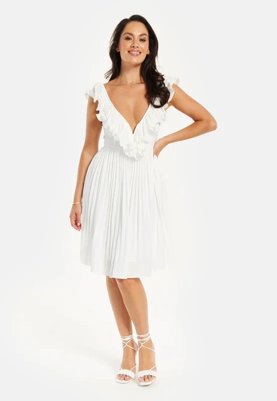 Pleated Frill Detail V Neck Midi Dress In White