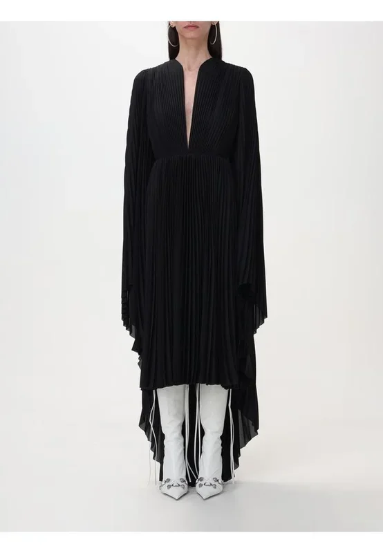 Pleated Midi Dress VNeck Long Sleeves- Black Dresses