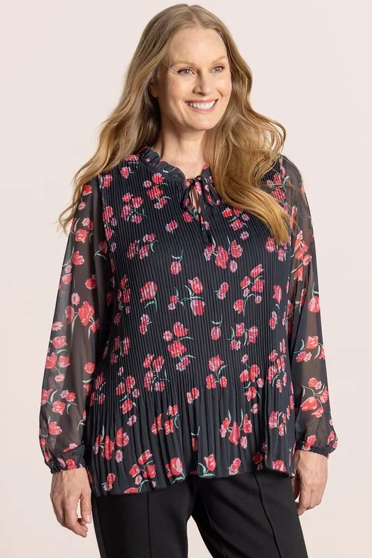 Pleated Tie Neck Print Top